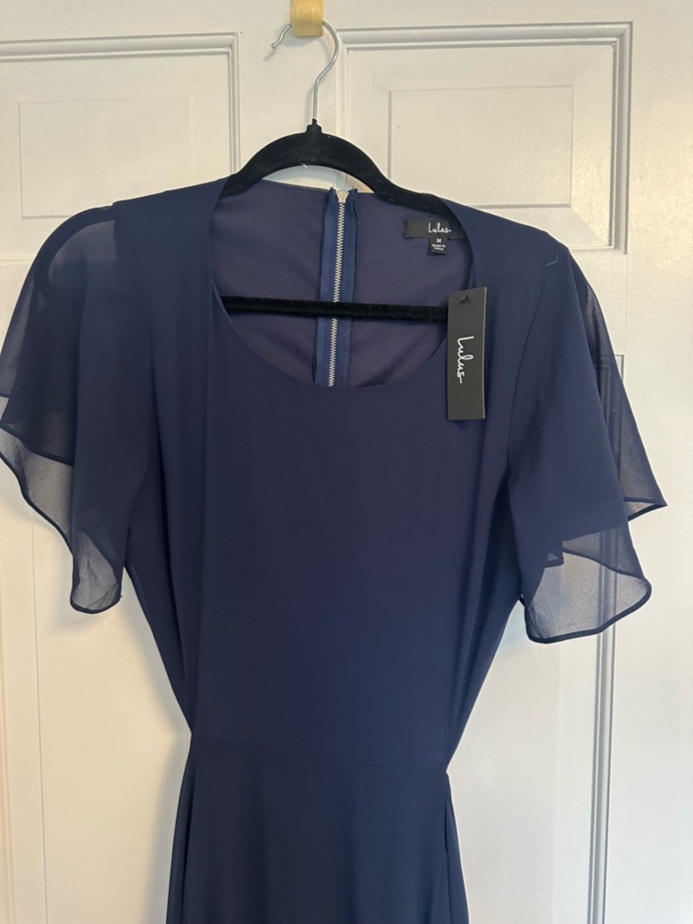 Lulu's Navy Chiffon Flutter Sleeve Midi Dress